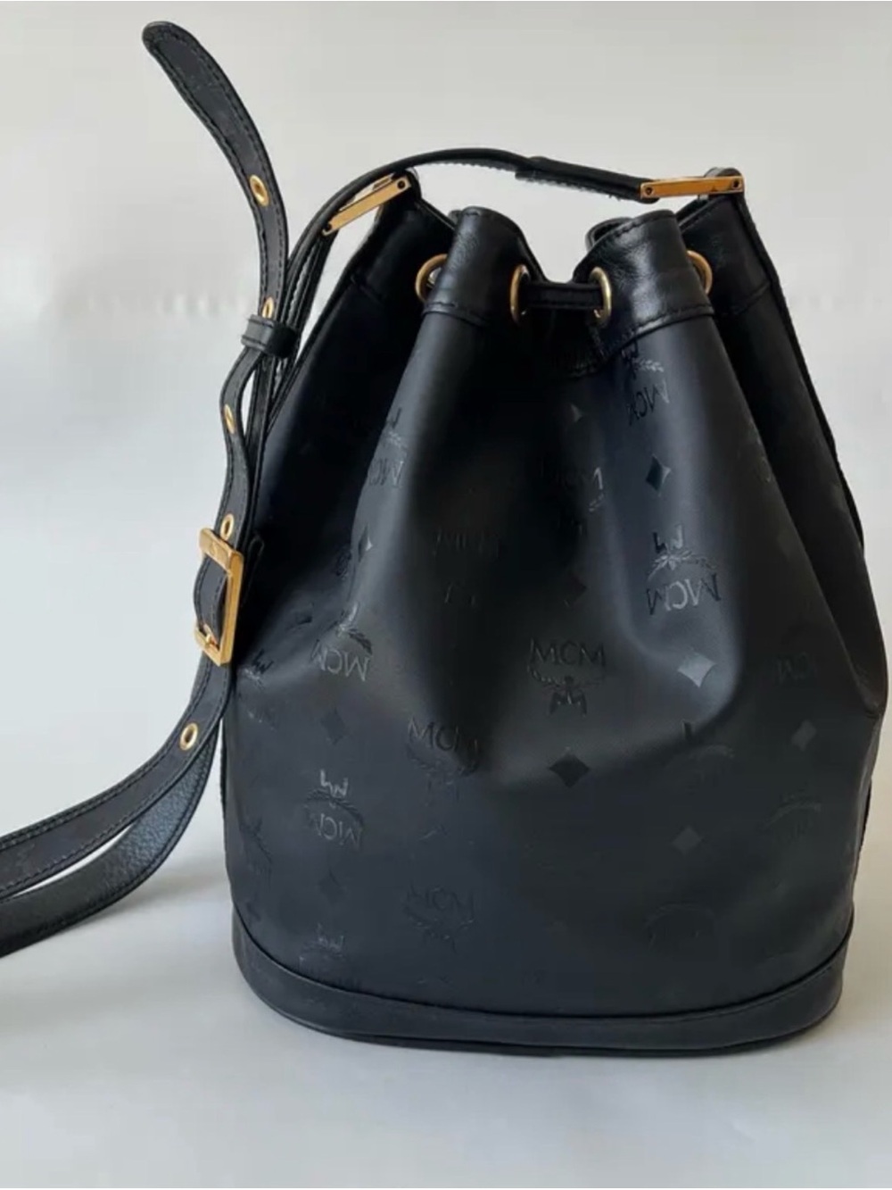 MCM Black Nylon Embossed Monogram Bucket Shoulder Bag with Gold Hardware